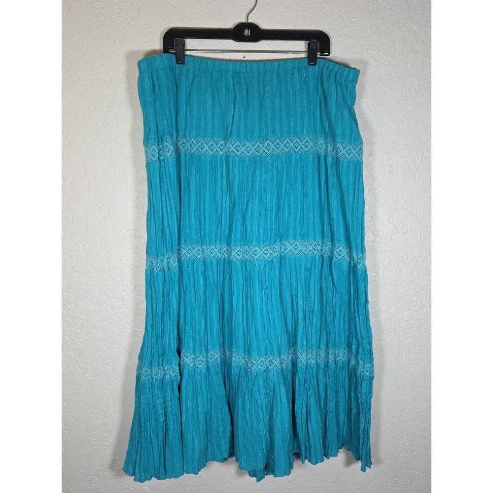 Susan Graver Tiered Maxi Skirt 2X Teal Stretch Metallic Stripe